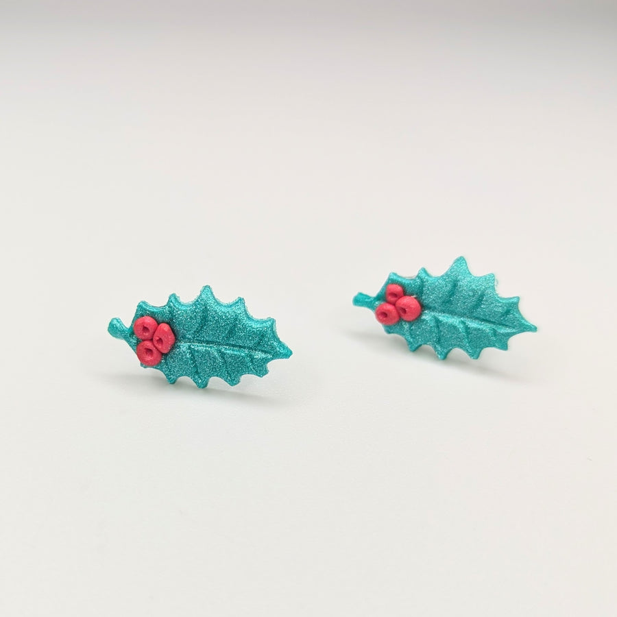 Sparkly Holly Leaf Stud Earrings