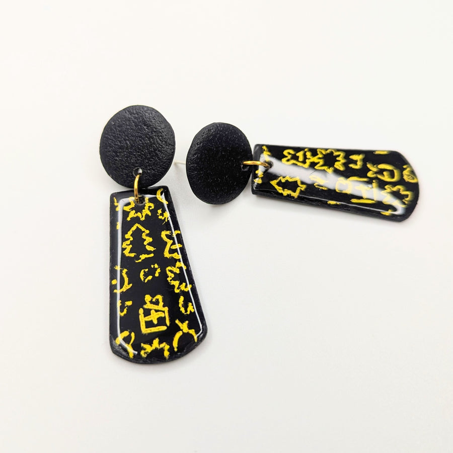 Black & Gold Christmas Doodle Trapeze Earrings