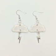 Silver & White Cloud & Lightning Bolt Trapeze Earrings