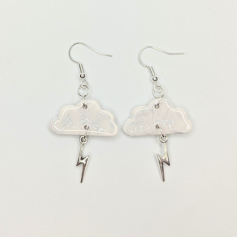 Silver & White Cloud & Lightning Bolt Trapeze Earrings