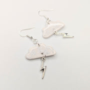 Silver & White Cloud & Lightning Bolt Trapeze Earrings