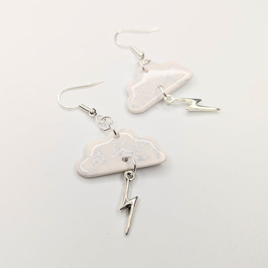 Silver & White Cloud & Lightning Bolt Trapeze Earrings