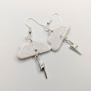 Silver & White Cloud & Lightning Bolt Trapeze Earrings