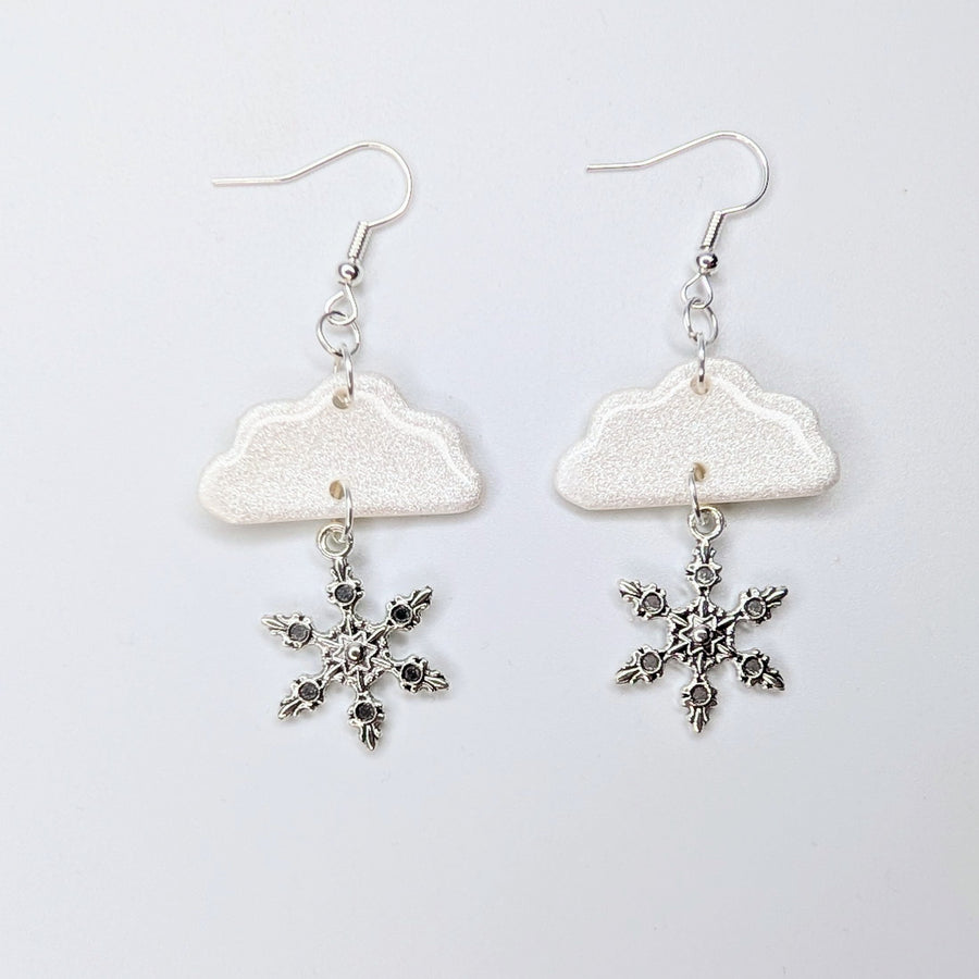 Sparkly White Cloud & Snowflake Charm Trapeze Earrings