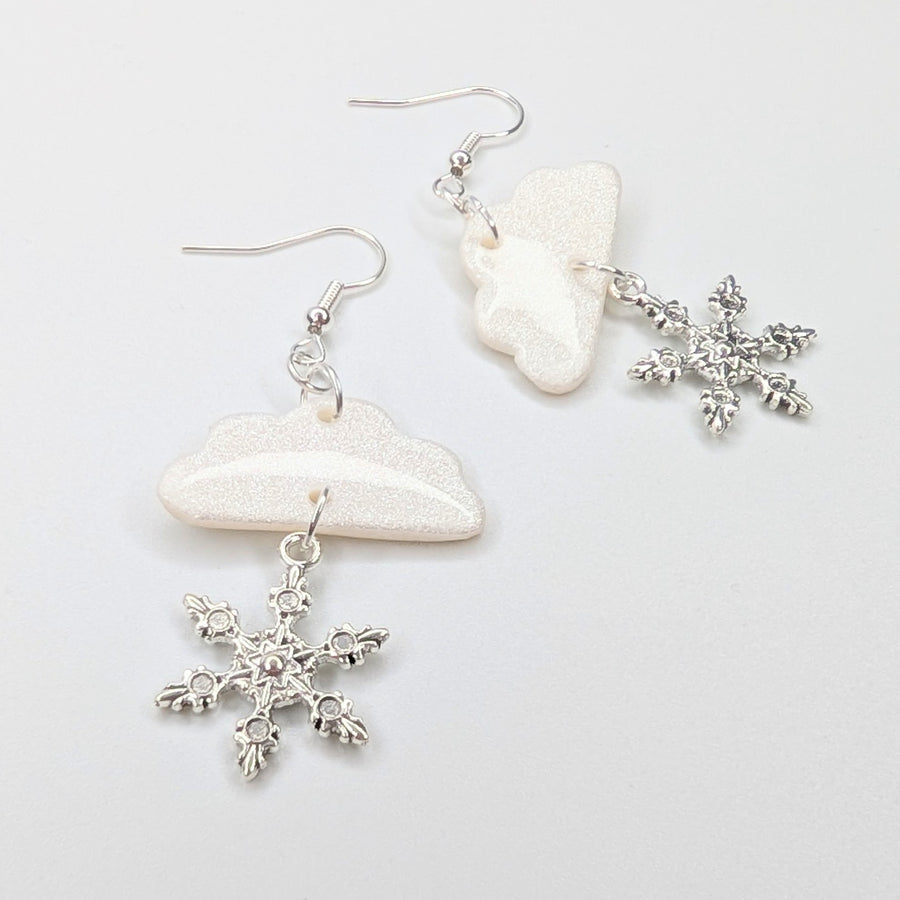 Sparkly White Cloud & Snowflake Charm Trapeze Earrings