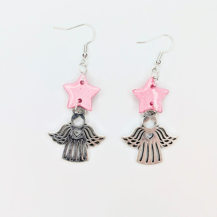 Sparkly Pink Star & Angel Charm Trapeze Earrings