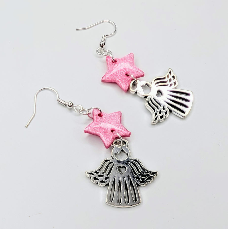 Sparkly Pink Star & Angel Charm Trapeze Earrings