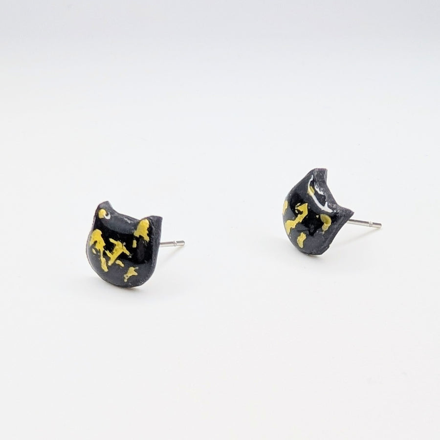 Black & Gold Cat Face Stud Earrings