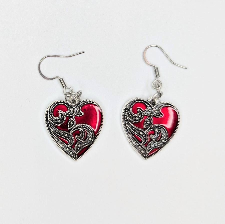 Blood Red Decorative Heart Charm Drop Earrings