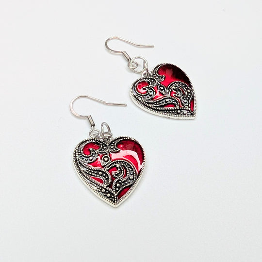 Blood Red Decorative Heart Charm Drop Earrings