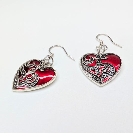 Blood Red Decorative Heart Charm Drop Earrings