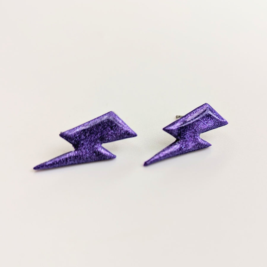Purple Lightning Bolt Studs, Polymer Clay Earrings
