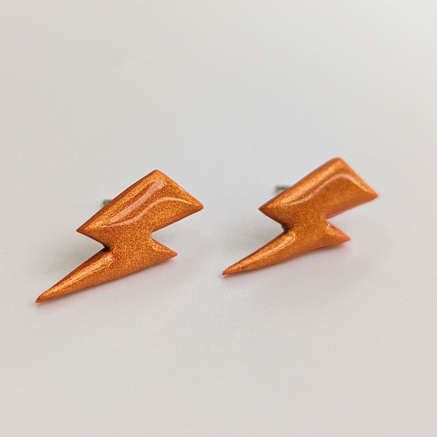 Sparkly Orange Lightning Bolt Studs, Polymer Clay Earrings