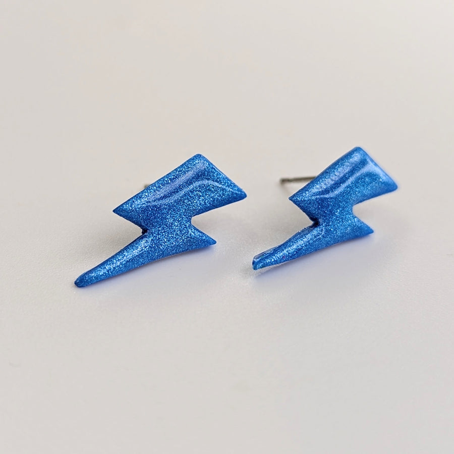 Blue Lightning Bolt Studs, Polymer Clay Earrings