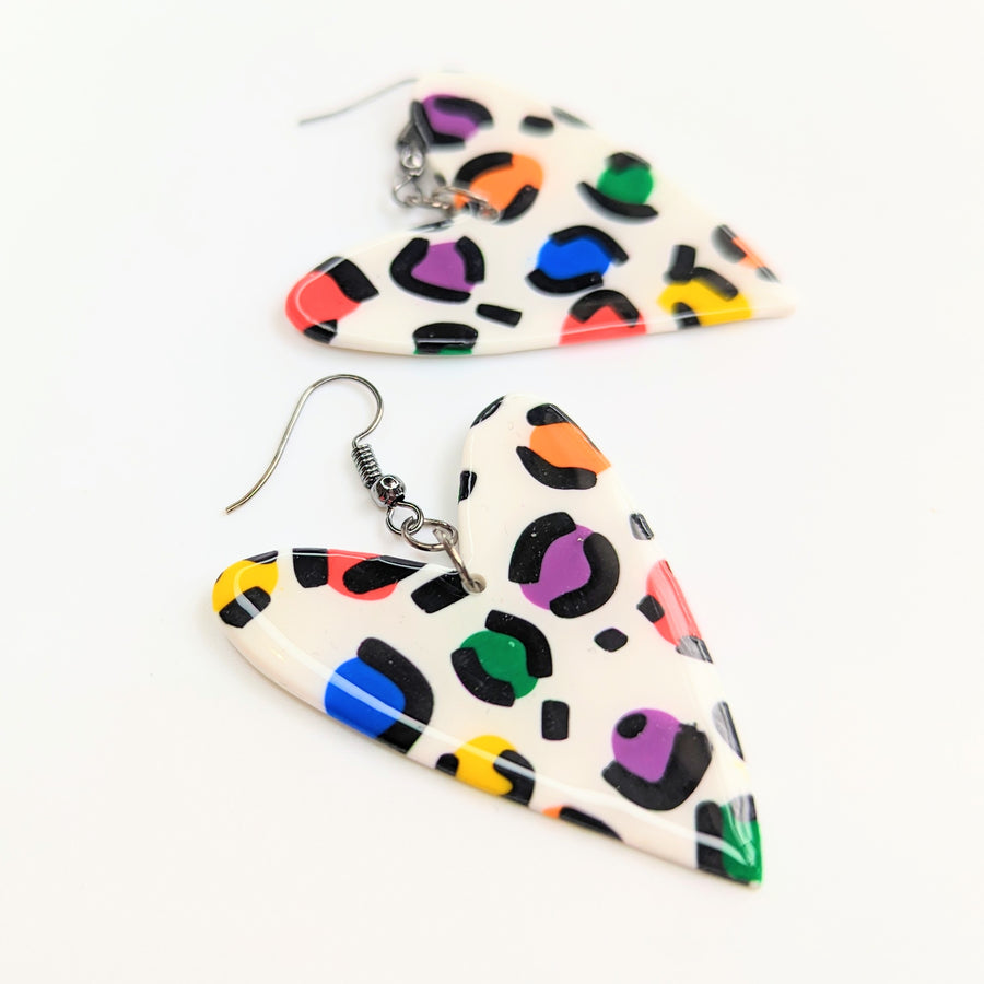 Pride Rainbow Leopard Print Oversized Wonky Heart Earrings, LGBTQ+ Queer Jewellery