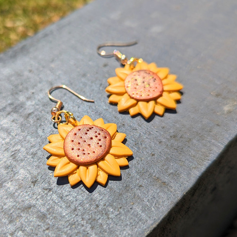 Yellow Sunflower Drop Earrings, Polymer Clay Jewellery
