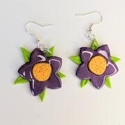 Purple Flower with Green Leaves Drop Earrings, Polymer Clay Jewellery