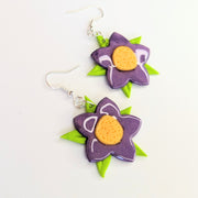 Purple Flower with Green Leaves Drop Earrings, Polymer Clay Jewellery
