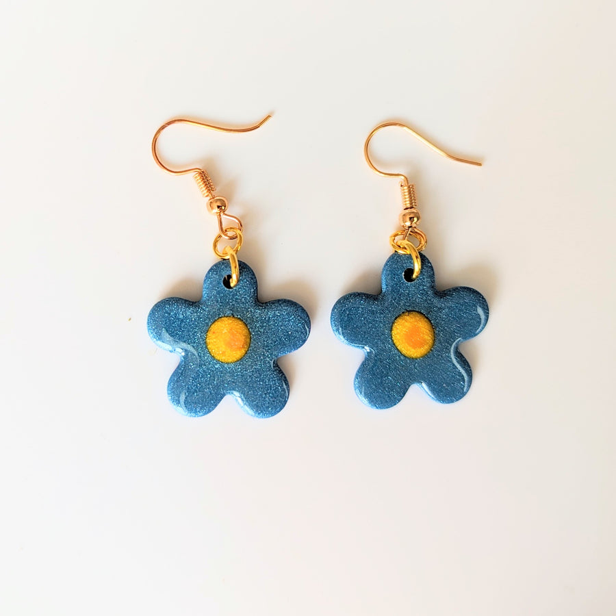 Sparkly Blue with Yellow Centre Flower Drop Earrings, Polymer Clay Jewellery
