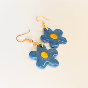 Sparkly Blue with Yellow Centre Flower Drop Earrings, Polymer Clay Jewellery