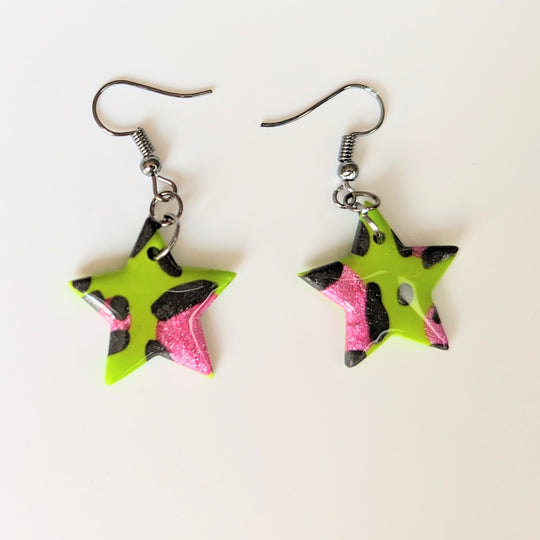 Green & Sparkly Pink Leopard Print Star Polymer Clay Earrings