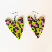 Green & Sparkly Pink Leopard Print Oversized Wonky Heart Earrings