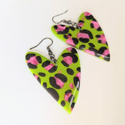 Green & Sparkly Pink Leopard Print Oversized Wonky Heart Earrings