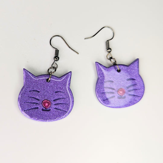 Super Sparkly Purple Happy Cat Face Drop Earrings