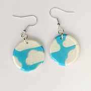 Medium Blue and Sparkly White Cloud Circle Drop Earrings