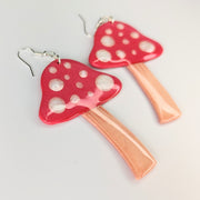Oversized Red & White Mushroom Drop Earrings Toadstools, Polymer Clay Jewellery
