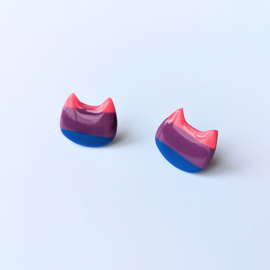 LGBTQ+ Bisexual Pride Polymer Clay Cat Face Studs