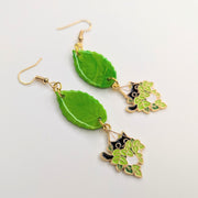 Marbled Leaf & Cat Charm Trapeze Earrings, Polymer Clay Jewellery