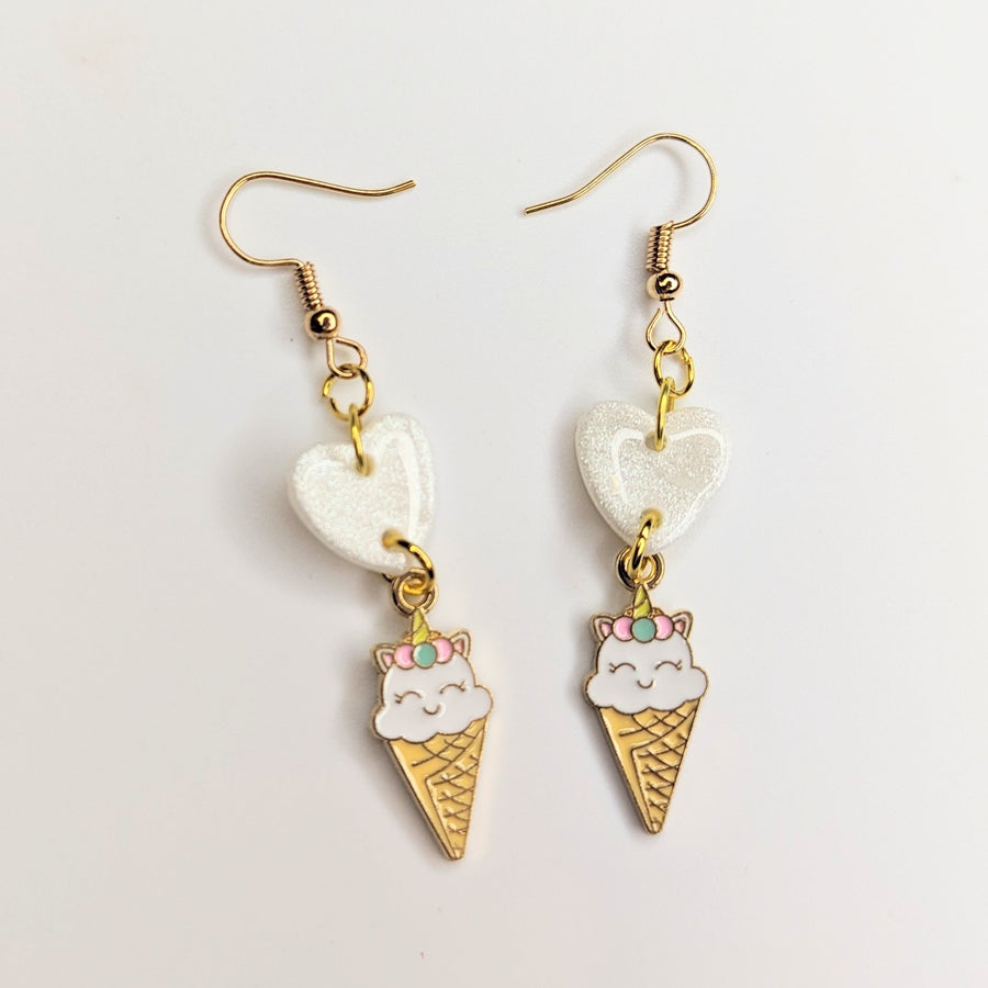 Sparkly White Heart & Unicorn Ice Cream Charm Trapeze Earrings, Polymer Clay Jewellery