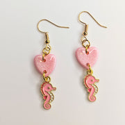Sparkly Pink Heart & Pink Seahorse Charm Trapeze Earrings, Polymer Clay Jewellery