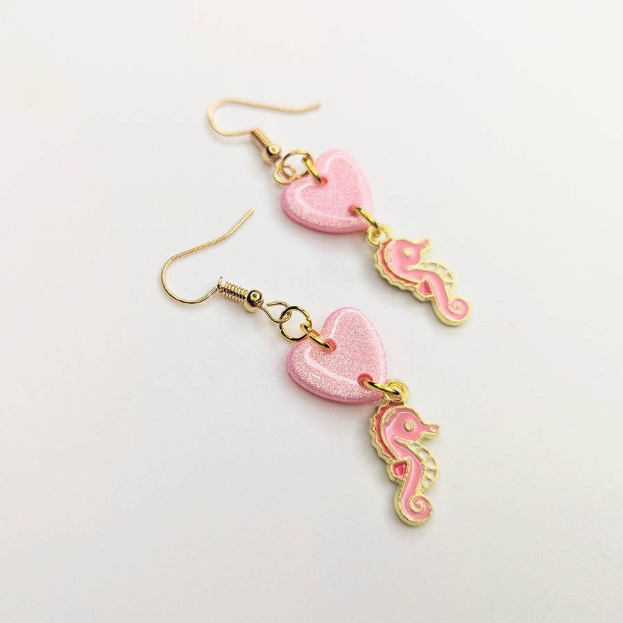 Sparkly Pink Heart & Pink Seahorse Charm Trapeze Earrings, Polymer Clay Jewellery