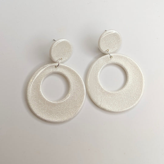 Barbie Movie Inspired Sparkly White Retro Circle Statement Earrings, Polymer Clay Jewellery