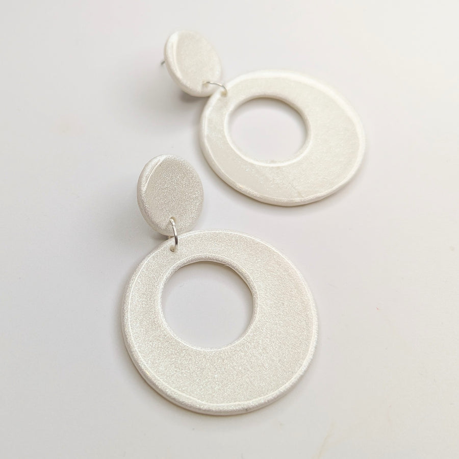 Barbie Movie Inspired Sparkly White Retro Circle Statement Earrings, Polymer Clay Jewellery
