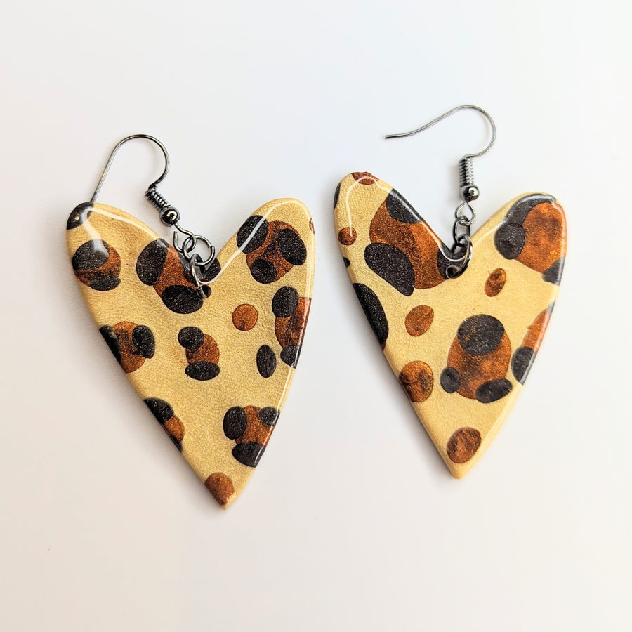 Classic Leopard Print Oversized Wonky Heart Drop Earrings