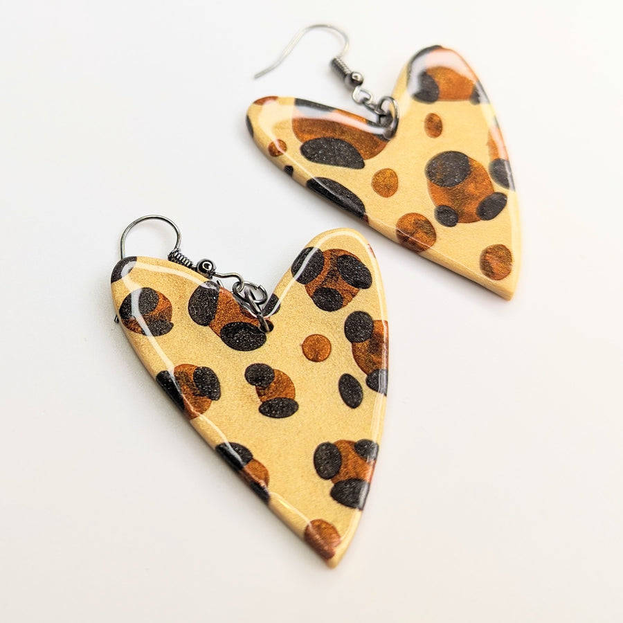 Classic Leopard Print Oversized Wonky Heart Drop Earrings