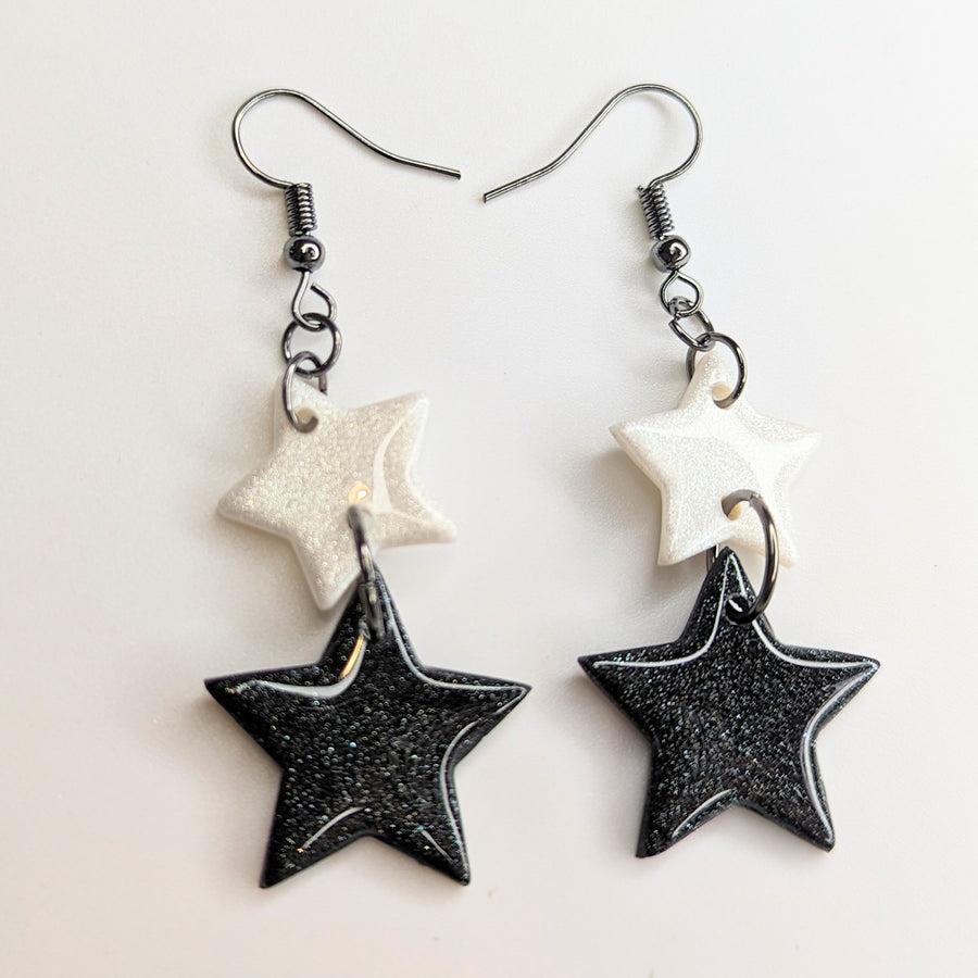 Sparkly White & Black Star Trapeze Drop Earrings
