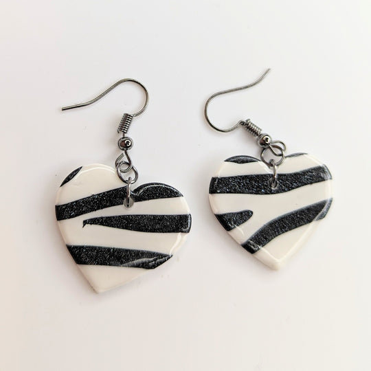 Sparkly Black & White Zebra Print Heart Drop Earrings