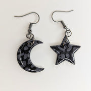 Sparkly Black Leopard Print Star & Moon Drop Earrings