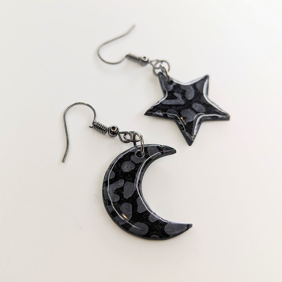 Sparkly Black Leopard Print Star & Moon Drop Earrings