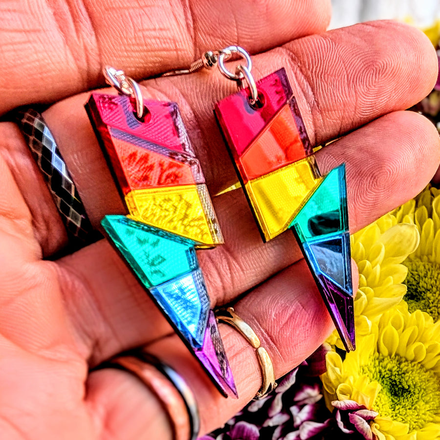 Mirrored Rainbow Acrylic Lightning Bolt Drop Earrings