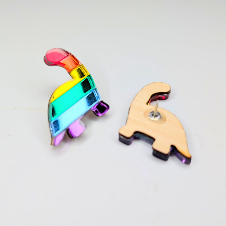 Mirrored Rainbow Acrylic Dinosaur Pin Badge