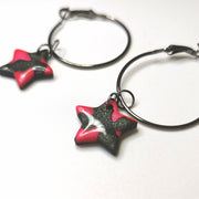 Hooped Sparkly Black & Red Star Earrings