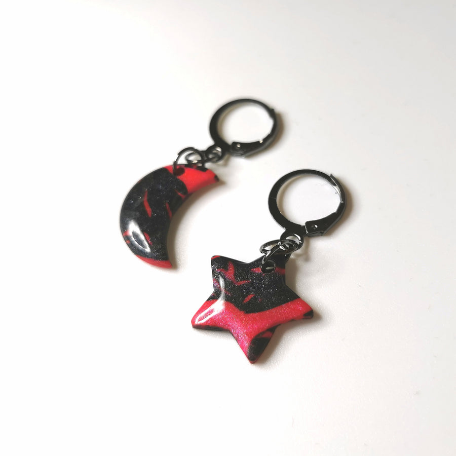 Sparkly Black & Red Splatter Moon & Star Huggie Earrings