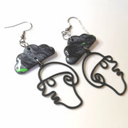 Sparkly Black & Green Spooky Cloud Face Earrings