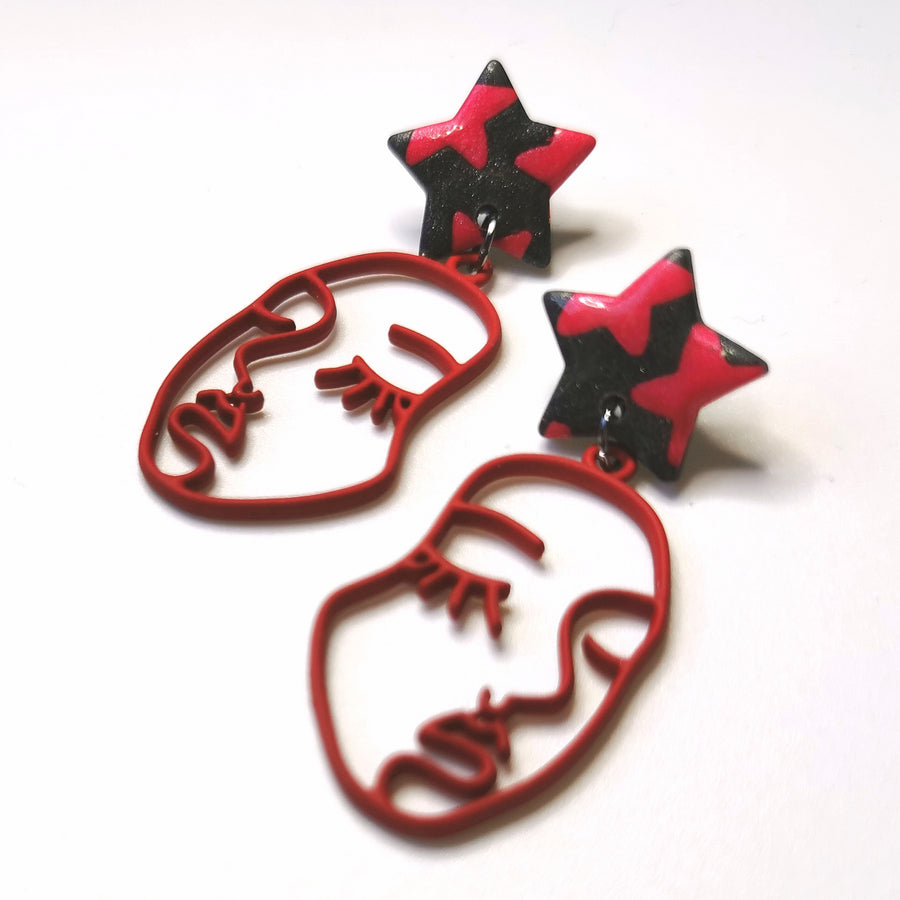 Red & Sparkly Black Star with Red Face Earrings