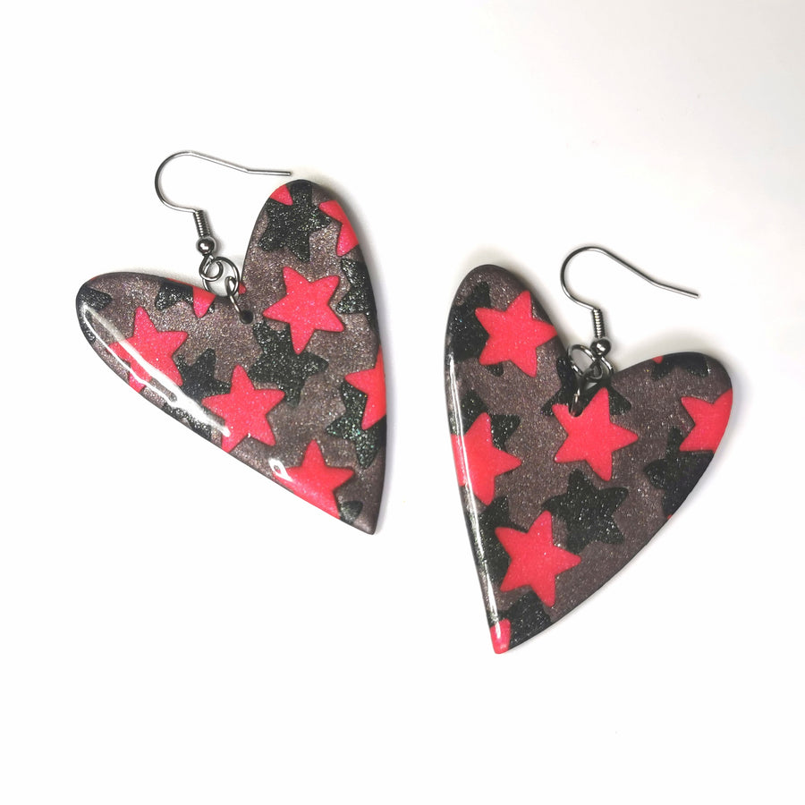 Sparkly Red & Black Star Print Wonky Heart Statement Halloween Earrings